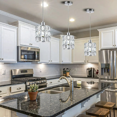 Dope Chrome Crystal Pendant Lights 3 Pack For Kitchen Island With Crystal Plate Metal Shade Sleek Modern Silver Fixtures For Foyer Hallway And Dining Room Adjustable Cord Up To 51 Inches