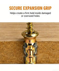 Close-up of Six By Fourteen Millimeter Short Expansion Screw Set For Cabinet Hinge Repair and Fixing Loose Stripped Wood Holes.