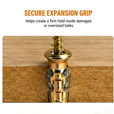 Close-up of Six By Fourteen Millimeter Short Expansion Screw Set For Cabinet Hinge Repair and Fixing Loose Stripped Wood Holes.