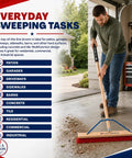 Man using Heavy Duty 36 Inch Commercial Push Broom With Extended Handle For Hassle Free Indoor Outdoor Sweeping on a garage floor.
