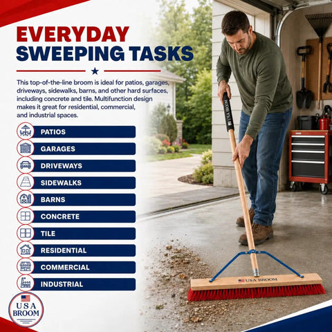Man using Heavy Duty 36 Inch Commercial Push Broom With Extended Handle For Hassle Free Indoor Outdoor Sweeping on a garage floor.