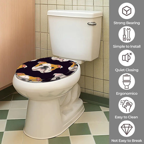 Toilet Seat Round Resin for Bathroom featuring a colorful dog print, adjustable fit for various models, easy to install.
