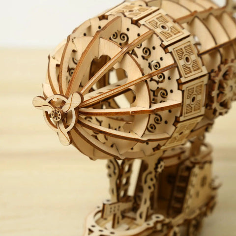 Detailed view of the Epic 3D Wooden Airship Puzzle Kit For Adults, showcasing intricate wood construction and assembly design.