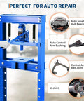 Top Shelf 12 Ton H Frame Hydraulic Shop Press With Height Adjustable Table and Removable Plates for Bending Straightening Bearings U Joint Auto Repair Garage Ready Workhorse, blue frame in use.