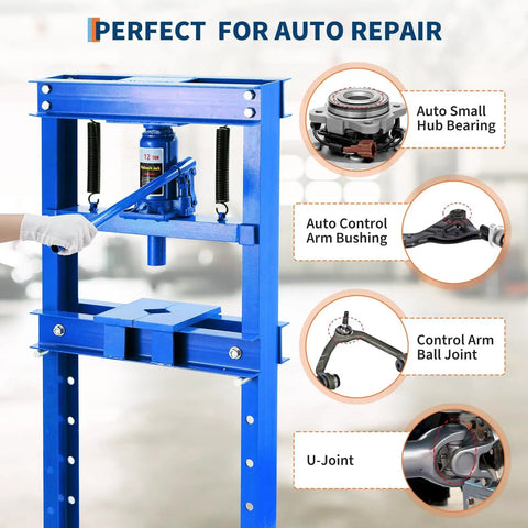 Top Shelf 12 Ton H Frame Hydraulic Shop Press With Height Adjustable Table and Removable Plates for Bending Straightening Bearings U Joint Auto Repair Garage Ready Workhorse, blue frame in use.