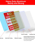 2 Pack Heavy Duty Reflective Aluminum No Trespassing Signs Violators Will Be Shot Warning For Night Visibility 14x10 Inch Yard Security Signs Weatherproof Rustproof Durable Outdoor Signage, angled view