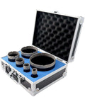 Diamond core drill bit set in metal case; 6 pcs with blue foam, diameters 19–102 mm for tile and masonry