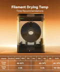 SP2 Filament Box Dryer With Rapid Heating To 70C, displayed in front of a drying temperature chart for different filaments.