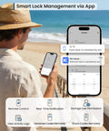 Person using app to manage Stress Free Keyless Entry Wifi Keypad Deadbolt Smart Lock For Front Door With Remote App Control Alexa And Google Assistant Compatible Satin Nickel Finish.
