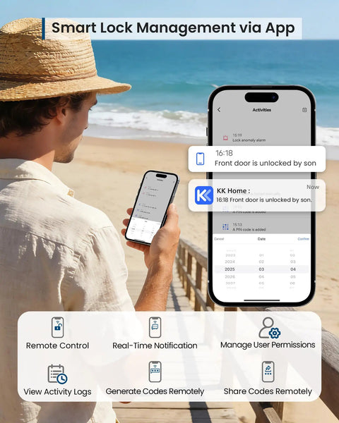 Person using app to manage Stress Free Keyless Entry Wifi Keypad Deadbolt Smart Lock For Front Door With Remote App Control Alexa And Google Assistant Compatible Satin Nickel Finish.