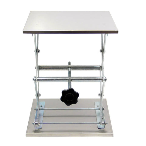 Front view of Workhorse Stainless Steel Lab Jack Lift Table With 12x12 Inch Platform, adjustable scissor lift stand, 304 grade steel.
