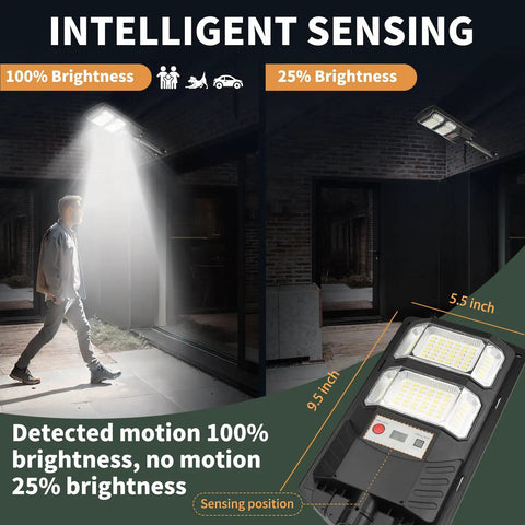 Top Shelf Solar Street Lights Outdoor Waterproof 2 Pack Led Flood Lamp 10000 Lumen Hella Bright showing motion sensor mode details.