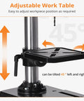 Adjustable work table of Get This Bad Boy 8 Inch Benchtop Drill Press, tilts 45 degrees for versatile positioning.