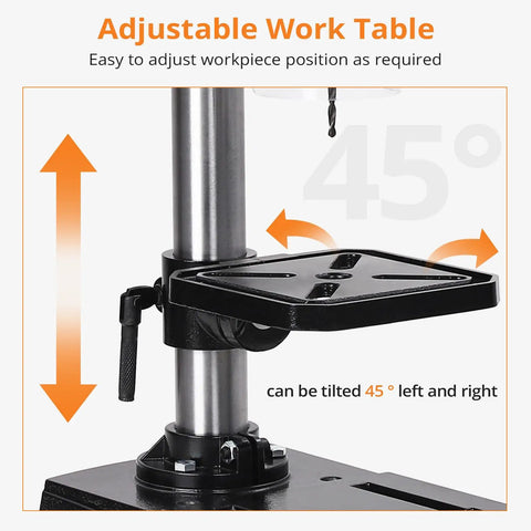 Adjustable work table of Get This Bad Boy 8 Inch Benchtop Drill Press, tilts 45 degrees for versatile positioning.