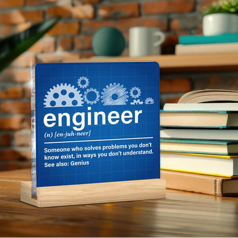 Epic Engineer Gifts For Women And Men Mechanical Engineering Lovers Acrylic Plaque Sign With Wood Stand For Home Office Decor Engineer Definition Wall Art For Desk Display featuring gears design
