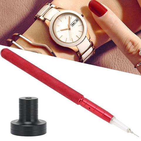 Watch Oiler Pen Pro Tool with red alloy pen and black base for smooth gear movement, shown with a wristwatch