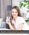 Young woman smiling and holding a glass of water indoors, promoting Top Rated Fridge Water Filter Replacement 9990 NSF 53 42.