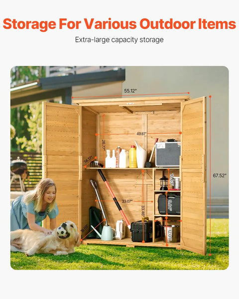 Rugged Outdoor Wood Storage Shed With Waterproof Roof And Metal Frame, open with visible shelves and garden tools inside