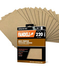 Pack of 25 Fandeli 220 Grit Multipurpose Sandpaper Sheets for Woodworking and Drywall, 9 in by 11 in, displayed in a fan shape