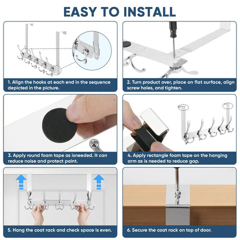 Installation steps for Over The Door Hooks Five Pack Heavy Duty Tri Coat Rack All Metal Hangers Chrome Fit One And Three Eighths Inch Doors