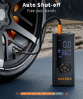 Portable Tire Inflator Air Compressor With 7800mAh Battery, 12V DC Power, 150 PSI, showing digital display and tire connection