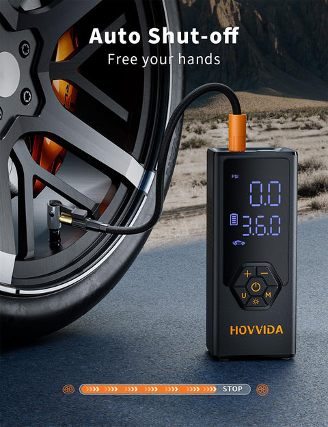 Portable Tire Inflator Air Compressor With 7800mAh Battery, 12V DC Power, 150 PSI, showing digital display and tire connection