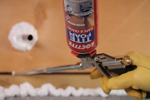 Applying spray foam sealant for gaps and cracks, expands up to 1 inch, high density polyurethane foam for seamless insulation