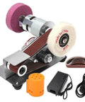 Top Shelf Mini Belt Grinder Sharpening Knife With Powerful Pure Copper Motor And Adjustable Speed Settings From 4000 To 9000 Rmin showing motor, sanding wheels, and accessories.