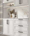 Black 4 Inch Square Bar Cabinet Pulls, Stainless Steel Modern Kitchen And Bathroom Cabinet Hardware on white cabinets