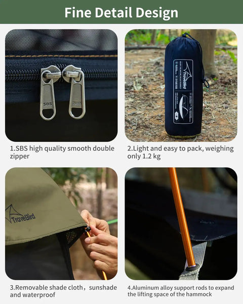 4 In 1 Camping Hammock Tent with Mosquito Net and Removable Sunshade showing double zipper, packed bag, shade cloth, alloy rods.
