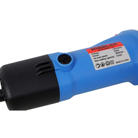 Powerful 550W Sheet Metal Nibbler with 2000 RPM speed, side view of blue handle showing specifications for cutting steel, aluminum, copper.