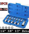 Top Tier 13 Piece Heavy Duty Torx Key Kit For Auto Repair And Bike Fixins With Impact Sockets Wrench Head For Pros Who Need To Hit Tight Rusted Bolts Without Breaking The Bank. 13-piece CR-V Torx bit set T8-T70 in blue case, 1/4, 3/8, 1/2 drive