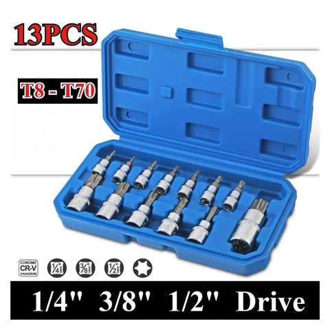 Top Tier 13 Piece Heavy Duty Torx Key Kit For Auto Repair And Bike Fixins With Impact Sockets Wrench Head For Pros Who Need To Hit Tight Rusted Bolts Without Breaking The Bank. 13-piece CR-V Torx bit set T8-T70 in blue case, 1/4, 3/8, 1/2 drive