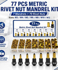 Pro Grade Carbon Steel Rivet Nut Tool Set With Assorted Mandrels And Flat Head Inserts Spanning M3 Through M12 For Auto Repair No Sweat Fastening And DIY Metal Projects with organized storage of 77 pieces.
