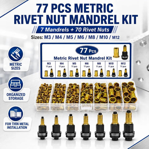 Pro Grade Carbon Steel Rivet Nut Tool Set With Assorted Mandrels And Flat Head Inserts Spanning M3 Through M12 For Auto Repair No Sweat Fastening And DIY Metal Projects with organized storage of 77 pieces.