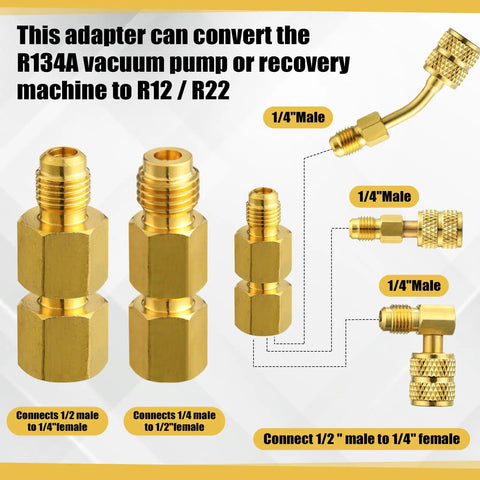 HVAC Vacuum Rated Valve Core Remover And Installer Tool Set brass 1/4 male adapter for R134A to R12/R22 conversion