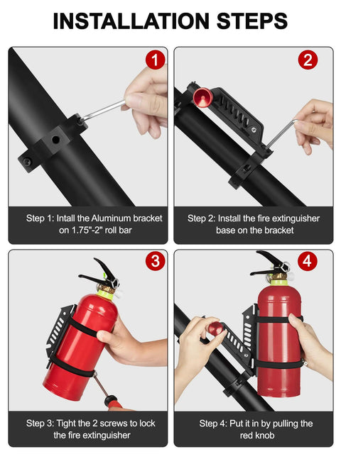 Installation steps for Gear Up With A Quick Release UTV Fire Extinguisher Mount Kit, adjustable for 1.75-2 inch roll cages.