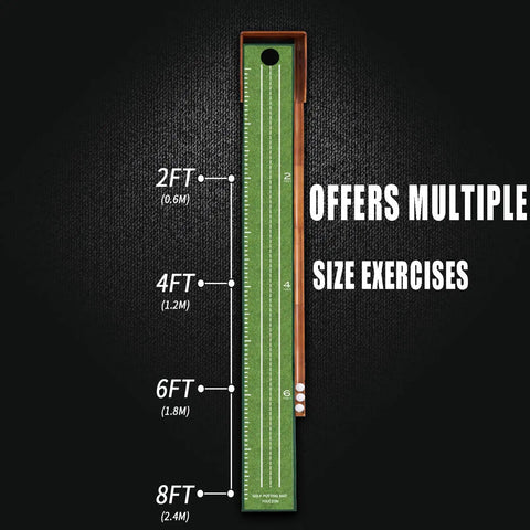 Indoor Golf Putting Green Mat For Home Practice With Auto Ball Return Portable And Easy To Set Up Wrinkle Free Natural Rubber Surface With Solid Wood Base Great For Offices And Living Rooms, displaying 2-8 ft distances for practice
