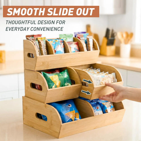 Three Tier Stackable Bamboo Veggie And Fruit Storage Bins, Ventilated Pantry Organizer with Slide Out Design in kitchen