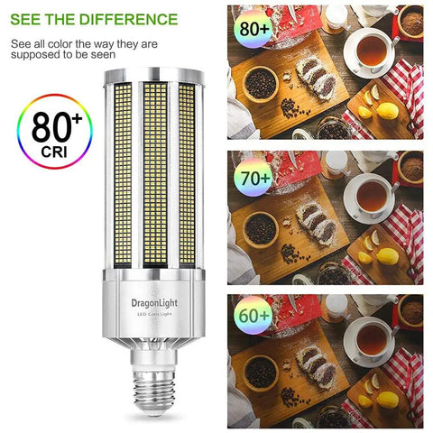 200W Fanless Corn LED High Bay Light Bulb Replacement For 1000W Metal Halide HPS HID E39 Mogul Base 5000K Daylight showing CRI differences