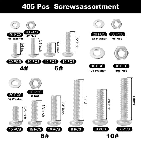 Heavy Duty 304 Stainless Steel Machine Screw Kit With Hex Nuts Flat Washers Phillips Pan Head Rust Out Proof Shop Essential Size Bundle Including Four Forty Through Ten Twenty Four Durable Storage Box Built For Real Grind with assorted screws and washers.