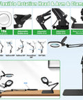 Diagram of Real Glass Magnifying Desk Lamp with 3 in 1 LED Lighting, showing flexible arm and clamp features.