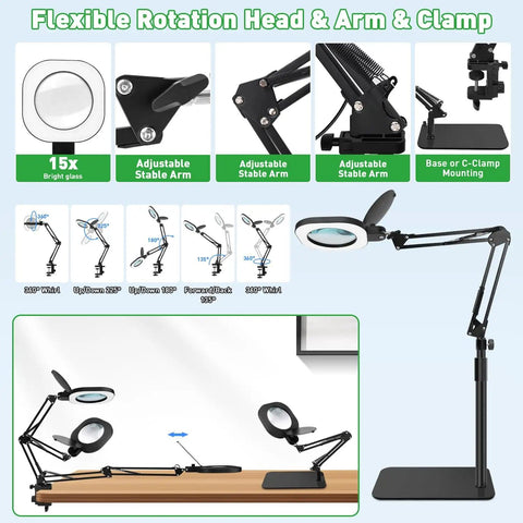 Diagram of Real Glass Magnifying Desk Lamp with 3 in 1 LED Lighting, showing flexible arm and clamp features.