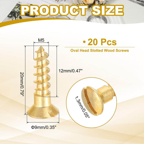 Slotted Wood Screws M5 x 20mm, 20 Pack, Solid Brass Oval Head Flat Head Self Tapping Screws for Wood Furniture, Gold Finish