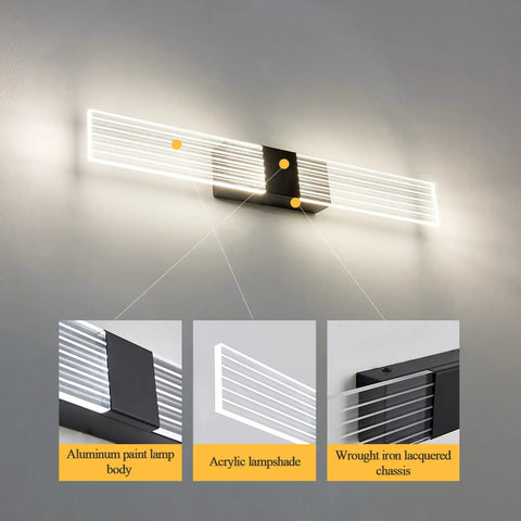 Black Modern LED Bathroom Vanity Light Bar For Mirror, 19.68 Inch, 8W, Cool Neutral White 4000K, Non Dimmable Wall Sconce Fixture, 1.45 Inch From Wall, Slick Vanity Lighting For Home Bath showing aluminum lamp body, acrylic lampshade, iron chassis
