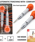 Two Piece Automatic Center Punch Set Smooth Operator Impact Punch Tool With Adjustable Spring Grip and Ergonomic Soft Touch Grip for dead nuts precise marking on surfaces.