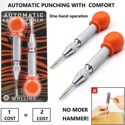Two Piece Automatic Center Punch Set Smooth Operator Impact Punch Tool With Adjustable Spring Grip and Ergonomic Soft Touch Grip for dead nuts precise marking on surfaces.