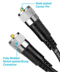 RG8X 50 Ft Coax Cable for HAM Radio and CB Systems With PL259 UHF Connectors, close-up of gold-plated center pin and nickel-plated brass