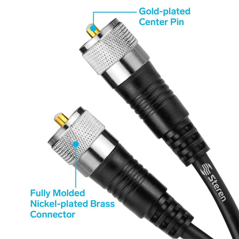 RG8X 50 Ft Coax Cable for HAM Radio and CB Systems With PL259 UHF Connectors, close-up of gold-plated center pin and nickel-plated brass