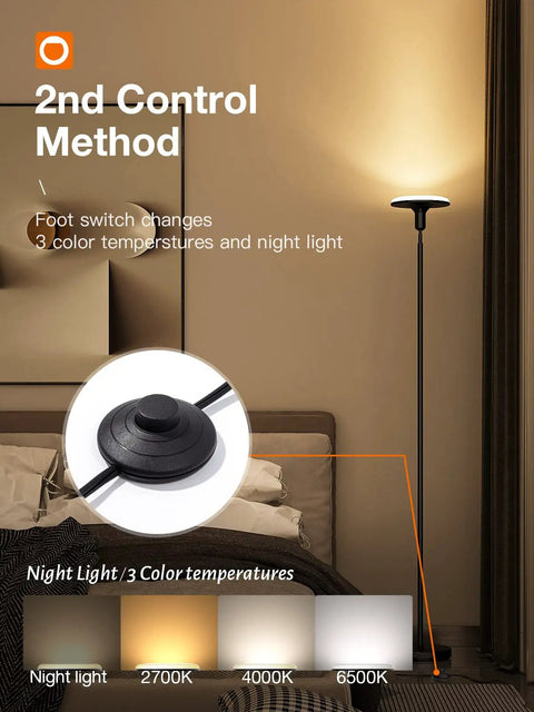 Remote Controlled Floor Lamp With Foot Switch Sky LED Tall Modern Torchiere Black in bedroom with adjustable light color